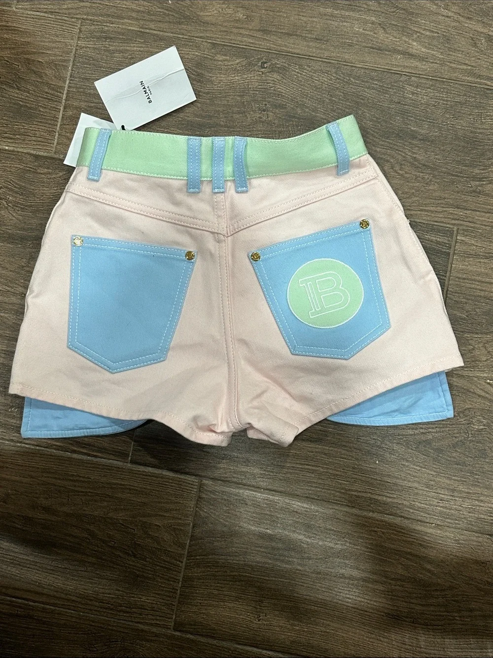 Balmain Pastel Colorblock High-Rise Jean Shorts - Pink, Mint & Light Blue